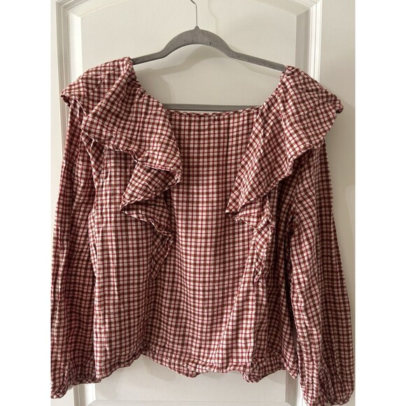 J. Crew Women’s XXL Red Plaid Ruffle Boho Hippie Cottage Square Neck Cropped - Picture 6 of 10